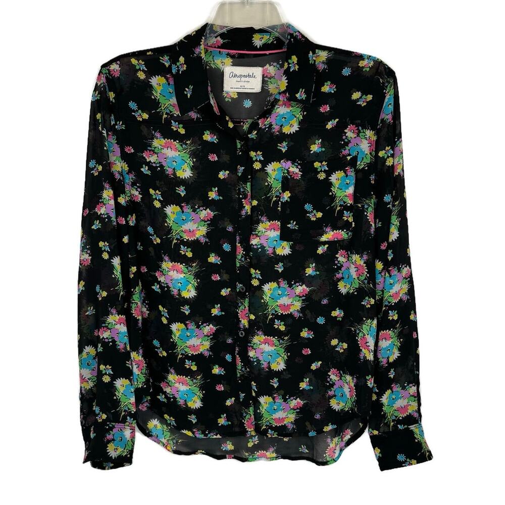 Aeropostale Black Rainbow Floral Button Down Eclectic Collared Shirt Top Sz XL